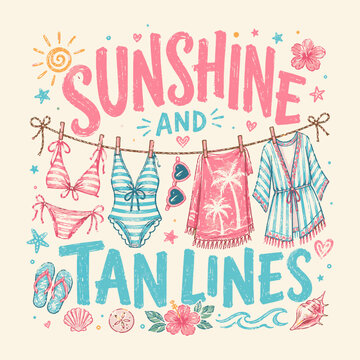 Sunshine and Tan Lines Retro Summer Swimwear Clothesline Vector