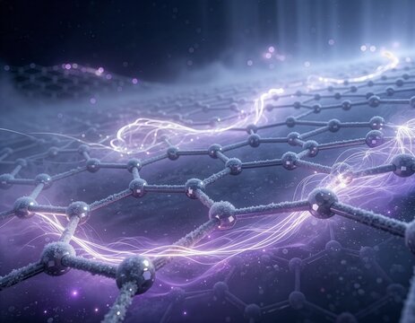 Abstract visualization of a graphene lattice in a superconducting state with ethereal light trails.