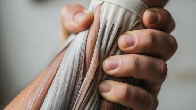A close-up shot of a human hand firmly gripping and squeezing a detailed anatomical model of muscles and tendons.