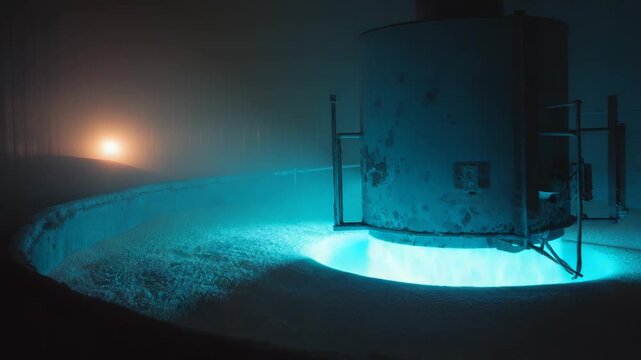 Industrial machinery dispensing small pellets into a large storage area, illuminated by a vibrant blue light and subtle orange glow, highlighting modern production and energy
