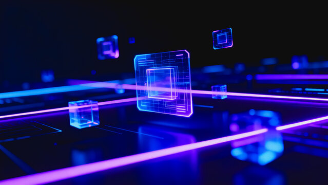 This 3D rendered futuristic background features glowing holographic circuit chips and neon light trails, showcasing digital cyber technology and data network concepts.
