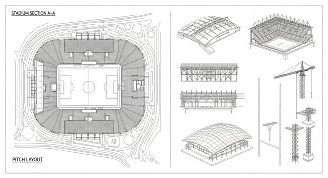 Architectural blueprint of a stadium construction project.