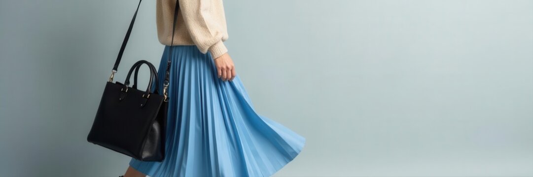 Beige sweater, blue pleated midi skirt, black bag, loafers Overhead view on grey backdrop , shoes, skirt