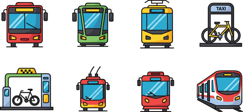 Public Transportation Icon Set with Bus, Trolley, Taxi, Bicycle, Train, and Transit Station Designs for Urban, Travel, and Digital Artwork