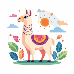 Obraz premium Cute Llama Illustration with Colorful Decorations and Sunny Sky