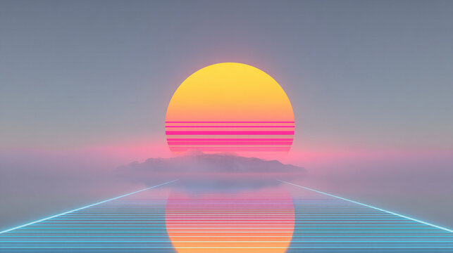 Minimal retro futuristic sunset landscape with glowing synthwave horizon and reflective neon ocean, dreamy vaporwave digital artwork inspired by 1980s arcade aesthetics and cinematic sci fi atmosphere
