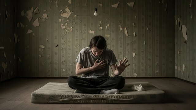 A distressed young man sits on a mattress in a dark, peeling room, clutching his chest in apparent pain or anxiety.