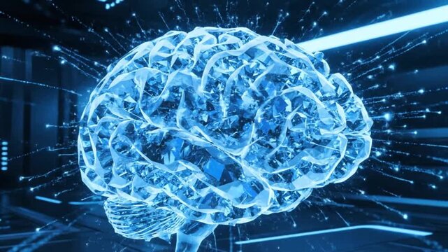 Futuristic AI Brain with Neural Network Activates in Cyber Technology Lab