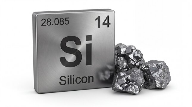 Periodic table element silicon symbol represented as a brushed metal square block on white background