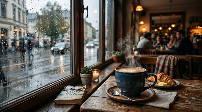 Cozy cafe interior with steaming coffee and fresh croissant on a rustic table, watching a rainy urban street