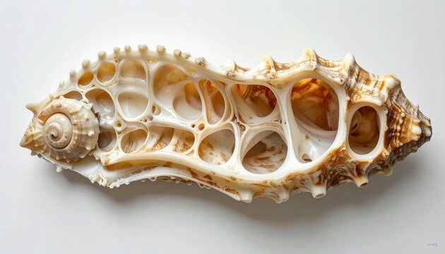 Seashell fragment with intricate natural patterns on white background