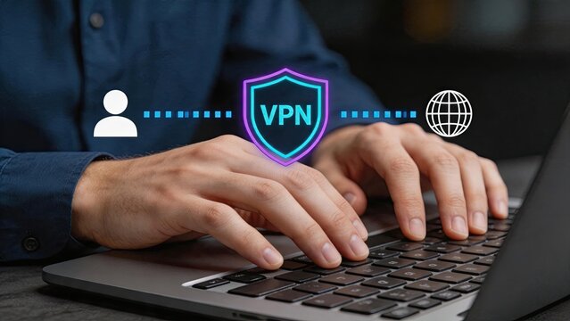 Person typing on laptop keyboard with VPN shield icon, secure internet connection, online privacy protection, encrypted data transmission, cybersecurity concept for remote work