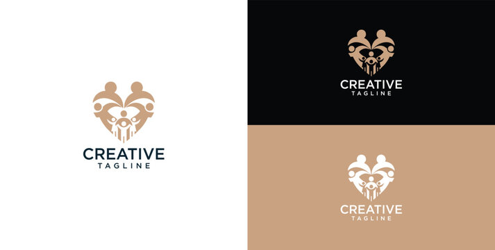 Creative people forming a heart shape logo, symbolizing unity, family, and community support with a modern touch