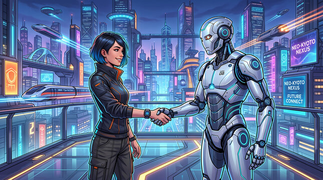 Human-Robot Partnership in a Luminous Futuristic City Collaborative Innovation in a Vibrant Digital Metropolis