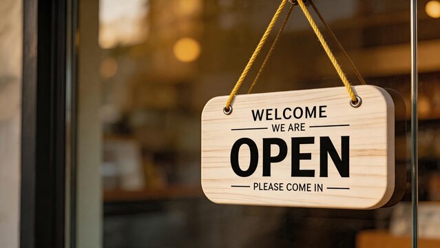 Wooden open sign hanging on glass door of shop or cafe, welcoming customers to enter, small business storefront exterior view with warm lighting background.