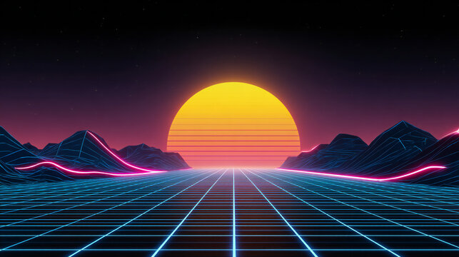 Neon synthwave sunset over glowing retro grid with futuristic mountain skyline, vibrant vaporwave digital illustration inspired by classic arcade aesthetics and 1980s sci fi visual culture.