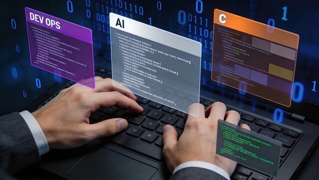 Developer coding with artificial intelligence and devops interface on laptop, software programming concept with holographic screens showing code and binary data.