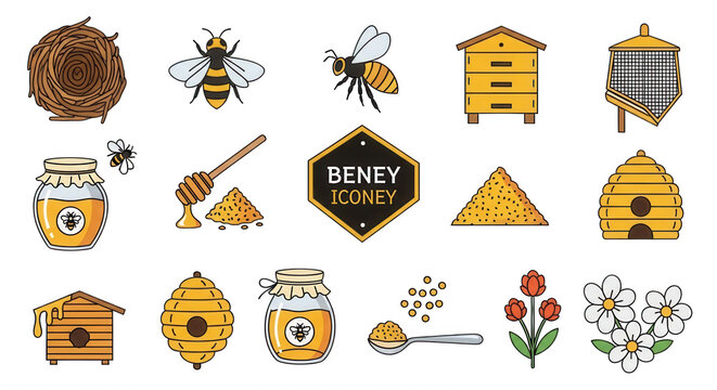 Set of beekeeping featuring honey jars, beehives, bees, honey dippers, pollen, flowers, and a honeycomb emblem on black background