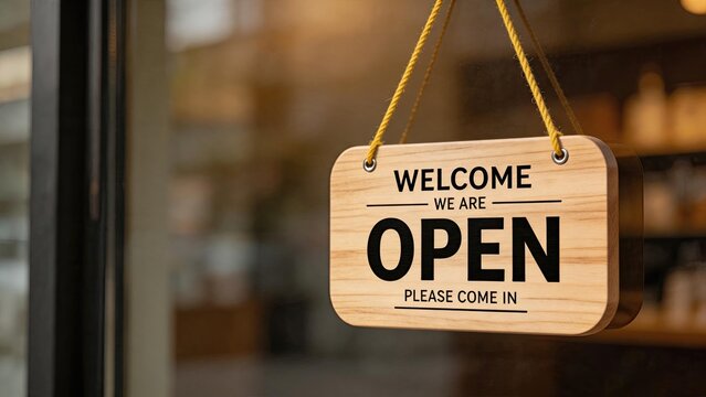 Wooden welcome open sign hanging on glass door of shop or cafe, inviting customers to enter, small business retail store front entrance and hospitality concept background.