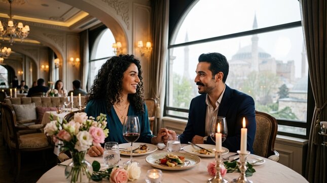 Elegant Middle Eastern Couple Holding Hands and Smiling During a Romantic Dinner at a Luxury Restaurant with a Breathtaking View of the Hagia Sophia Mosque in Istanbul Turkey During Twilight