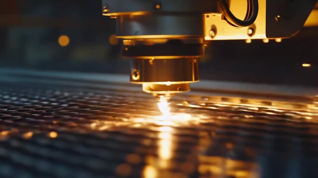 Industrial cnc laser cutting patterned sheet metal, bright sparks and molten edges highlighting precision fabrication and automated manufacturing in a modern factory close up
