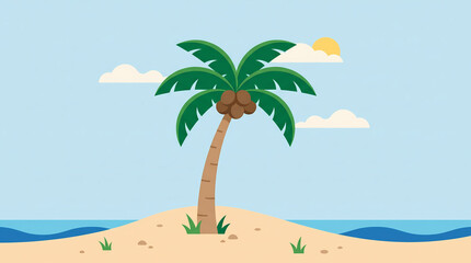 Fototapeta premium Cartoon palm tree on sandy beach with ocean and sun in background