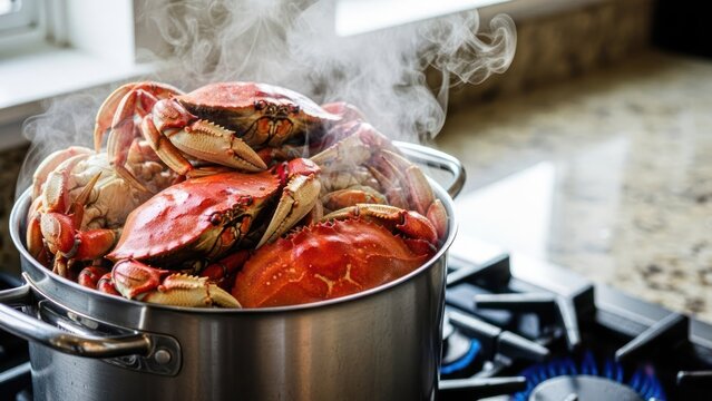 Steaming crabs simmer in a pot on a gas stove