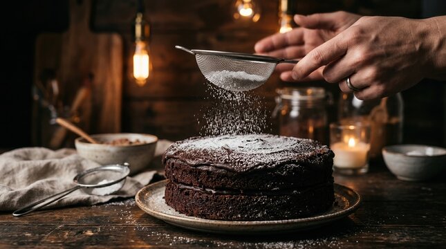 Exquisite close-up of a moist dark chocolate cake layered with velvety ganache, showcasing the intricate textures and rich cocoa color, ideal for premium food photography and menu design.