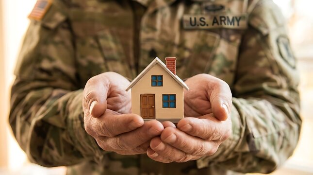 A us army soldier holding a small house in their hands symbolizing home and protection