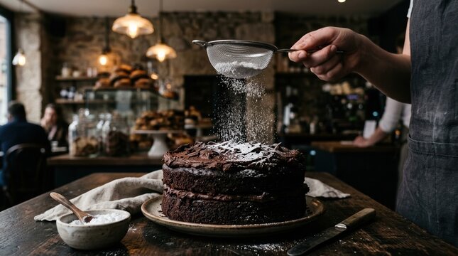 Luxurious dark chocolate cake with a glossy ganache finish and soft sponge, captured in a detailed close-up that highlights the decadent quality and artisanal craftsmanship of the dessert.