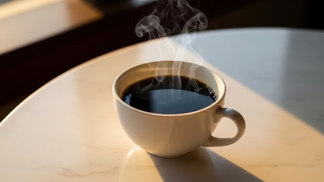 Steaming dark liquid in white mug on table, sunlight and shadow