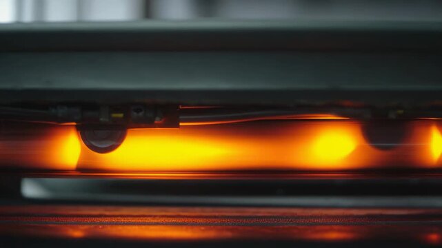 Raw materials passing through an automated machinery oven, utilizing intense heat for production and processing in a modern, advanced manufacturing setting