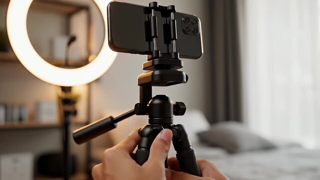 Setting up a smartphone on a tripod with a ring light for video recording.