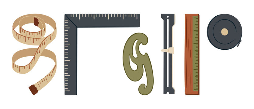Measuring tools set for sewing and tailoring, flat lay collection of rulers and tape measures for fashion design and craft projects, isolated professional equipment for garment construction and patter
