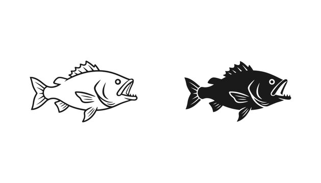 Aggressive predatory fish icon set with sharp teeth in outline and solid black vector for sports logo
