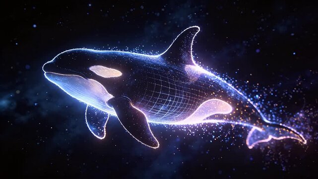 Digital killer whale composed of glowing particles swimming in deep space
