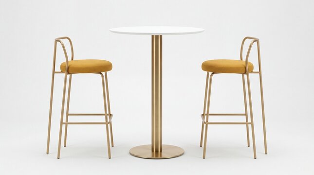 Modern bistro table set featuring two golden metal bar stools and a circular top on white background