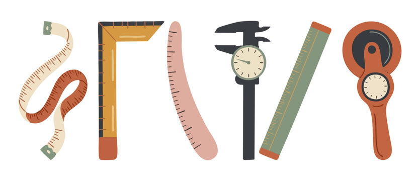 Measuring Tools Set Flat Vector, Sewing and Drafting Equipment Collection, Tailor Tape Measure Ruler Caliper and Fabric Cutter for Design Projects, Professional Crafting Accessories Isolated on White