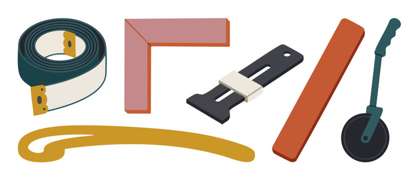 Measuring tools and construction rulers flat icon set for drafting and renovation projects, including measuring tape, square ruler, seam gauge, and rolling measure isolated on a white background desig