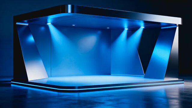 This is a futuristic empty stage with blue neon ambient lighting, set in a dark reflective interior space, ready for product showcase or live performance.