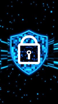 Glowing blue shield with padlock and digital pixel pattern. Abstract cybersecurity and data protection. Streaming lines and particles background.