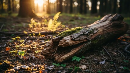 Fototapeta premium Sunlit forest floor with fallen log, moss, ferns, and dappled light