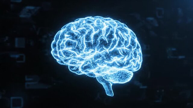 Futuristic AI brain technology displays neural network data processing.