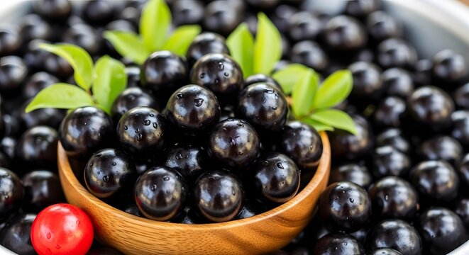 Closeup of fresh aa berries in a wooden bowl with green leaves