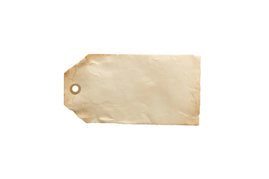 Vintage paper tag with aged texture and grommet, blank price label on transparent background