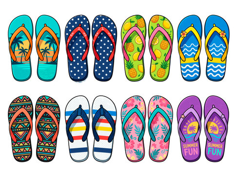 vector Collection of colorful flip flop sandals with various summer patterns and designs