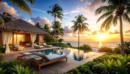 Fototapeta premium Tropical resort scene with swimming pool palm trees and sunset backdrop