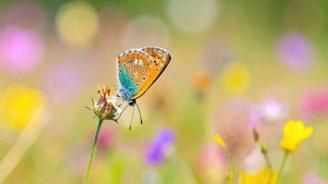 A vibrant butterfly with patterned wings rests on a small flower amongst a colorful, blurry meadow
