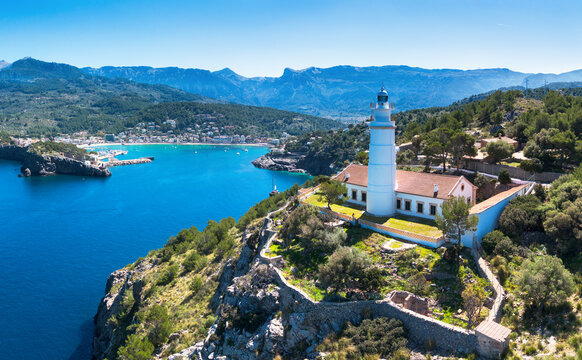 Panorama of city in Mallorca - Port de Soller with nice beach, Spain