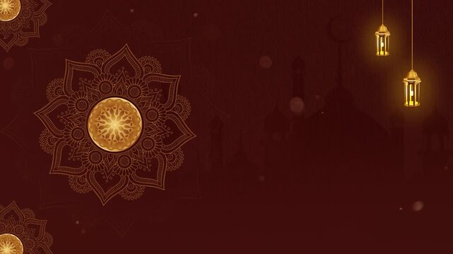 Islamic background template with empty space decorated with chandelier ornaments and rotating religious ornaments, with a repeating luxurious and elegant brown color theme.